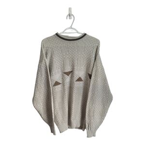 Vintage Fine Line Cozy Knit Sweater with Suede Geometric Design Large Cabincore